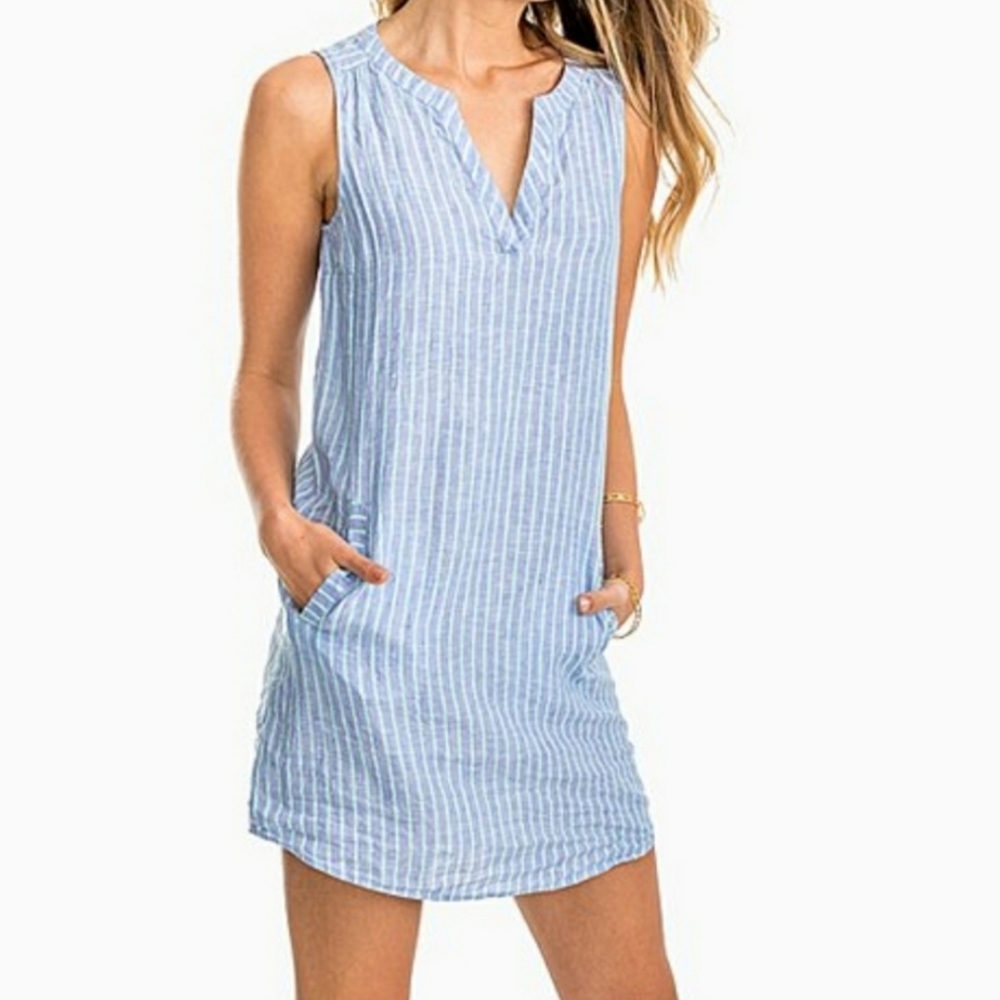 Southern Tide Linen Sleeveless Blue and Mint Green Striped Pocket Dress Medium